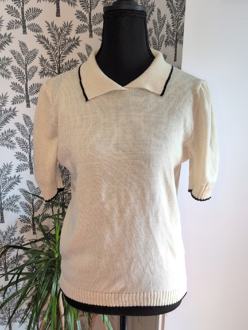 Cream Knit Polo Sweater with Black Trim